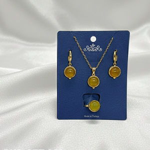 BKR-SET-002 SARI AKİK TAŞLI BAKIR KOLYE-KÜPE-YÜZÜK SET