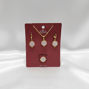 BKR-SET-007 PEMBE KUVARS TAŞLI BAKIR KOLYE-KÜPE-YÜZÜK SET