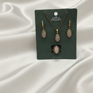 BKR-SET-006 PEMBE KUVARS TAŞLI BAKIR KOLYE-KÜPE-YÜZÜK SET